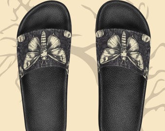 Death Moth Women&#39;s Slide Sandals, Goth Summer Footwear, Unique Insect Print Slippers, Alternative Fashion Shoes, Gift for Her