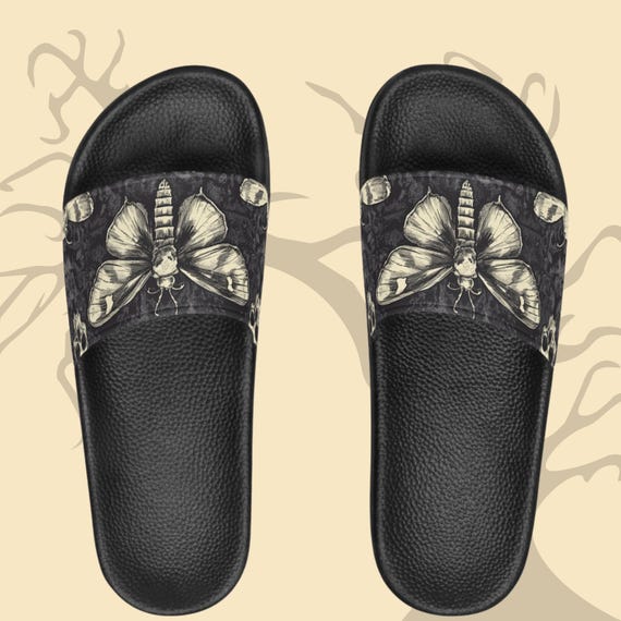 Death Moth Women's Slide Sandals, Goth Summer Footwear, Unique Insect Print Slippers, Alternative Fashion Shoes, Gift for Her