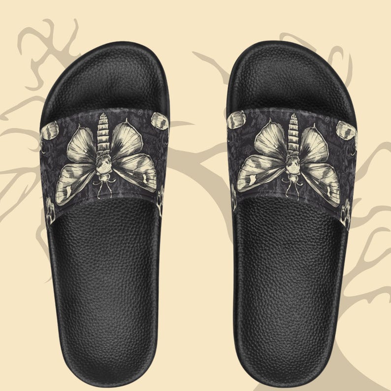 Death Moth Women's Slide Sandals, Goth Summer Footwear, Unique Insect Print Slippers, Alternative Fashion Shoes, Gift for Her image 1
