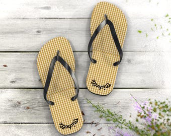 Yellow Gingham Flip Flops: Personalized Summer Beach Sandals