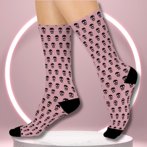 Pastel Goth Skull Crew Socks: Black Skulls on Pink