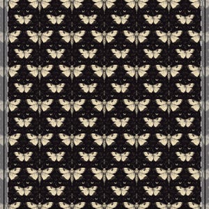 May include: A black and white patterned fabric with a repeating design of butterflies. The butterflies are stylised and have a vintage look.