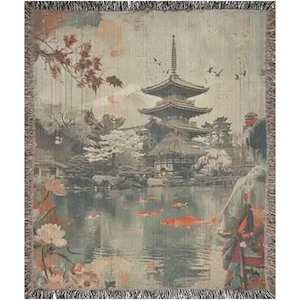 Japanese Art Woven Blanket with Elegant Pagoda Design - Cozy and Stylish Home Decor