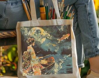 May include: A white tote bag featuring a colourful illustration of a woman in a boat on a lake with a fish leaping out of the water. The moon is in the background.
