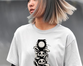 T-shirt Spooky Gothic Bunny – Zwart-witte griezelige schattige konijnen – Goth Aesthetic T-shirt – Alternatieve Halloween-kleding
