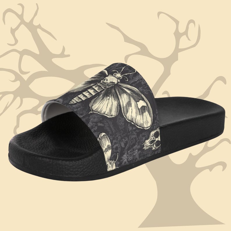 Death Moth Women's Slide Sandals, Goth Summer Footwear, Unique Insect Print Slippers, Alternative Fashion Shoes, Gift for Her image 2