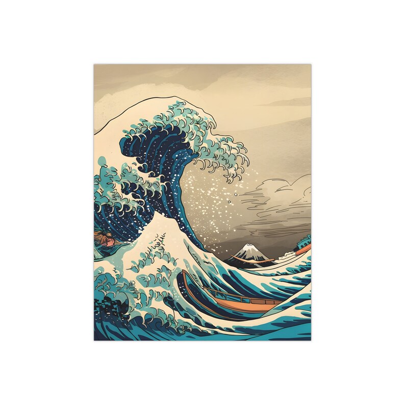 Satijnen poster berg Fuji en Japanse golf - traditionele kunst met een moderne twist - satijnen posters (300 gsm) afbeelding 2