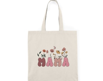 Natuurlijke draagtas Ecovriendelijke draagtas met kleurrijk "Mama"-ontwerp met bloemenaccent.