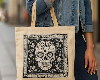 Floral Skull Tote Bag: Gothic Black and White Canvas Eco Bag