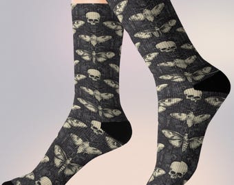 Death Moth and Skull Socks, Gothic Style Footwear, Dark Vibe Accessories, Unique Clothing Gift, Goth Socks, Gift for Her/Him