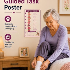 May include: A custom guided task poster with the text "Getting Dressed" and a step-by-step guide. The poster is designed to support independence and reduce anxiety. An elderly person is putting on a sock.