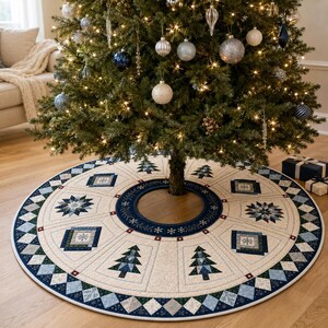 Quilt Lovers  Christmas Tree Skirt, Quilted Patchwork Pine pattern | Cozy Blue Cream Fleece Under Tree Holiday Decor Gift for Quilters
