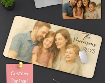 May include: A personalized mousepad featuring a family portrait with the text "The Morrisons 2025." The image is a watercolor style illustration. A sticky note with the text "Custom Portrait" is pinned to the surface.