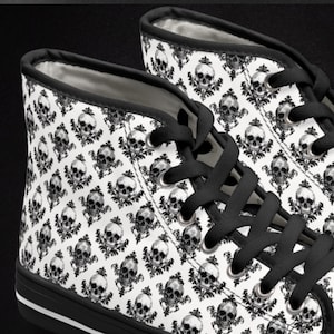Goth High Top Sneakers, Black Floral Skull Shoes, Women&#39;s Alternative Fashion, Victorian Style Sneaker, Unique Gothic Footwear, edgy punk