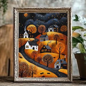 May include: A whimsical Halloween-themed painting of a village with white houses, orange trees, and a winding road. The houses have glowing windows and the sky is filled with stars.