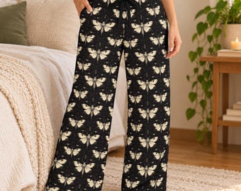 Death Moth Pajama Pants, Gothic Womens Lounge Pants, Goth Christmas Gift for Her, Witchy Sleepwear, Dark Academia Pyjamas
