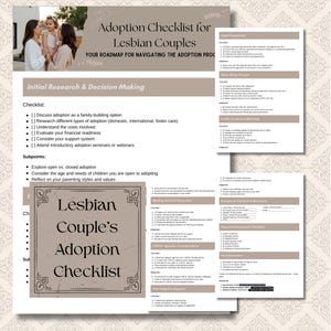 Pode incluir: Um guia intitulado "Adoption Checklist for Lesbian Couples" com uma foto de família. A lista de verificação inclui seções sobre pesquisa, preparação financeira e sistemas de suporte. O documento foi projetado para ajudar a navegar no processo de adoção.