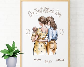 Two Moms First Mother&#39;s Day Watercolor Art: LGBTQ+ Family Print (Digital Download)