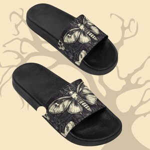 Death Moth Women's Slide Sandals, Goth Summer Footwear, Unique Insect Print Slippers, Alternative Fashion Shoes, Gift for Her image 3