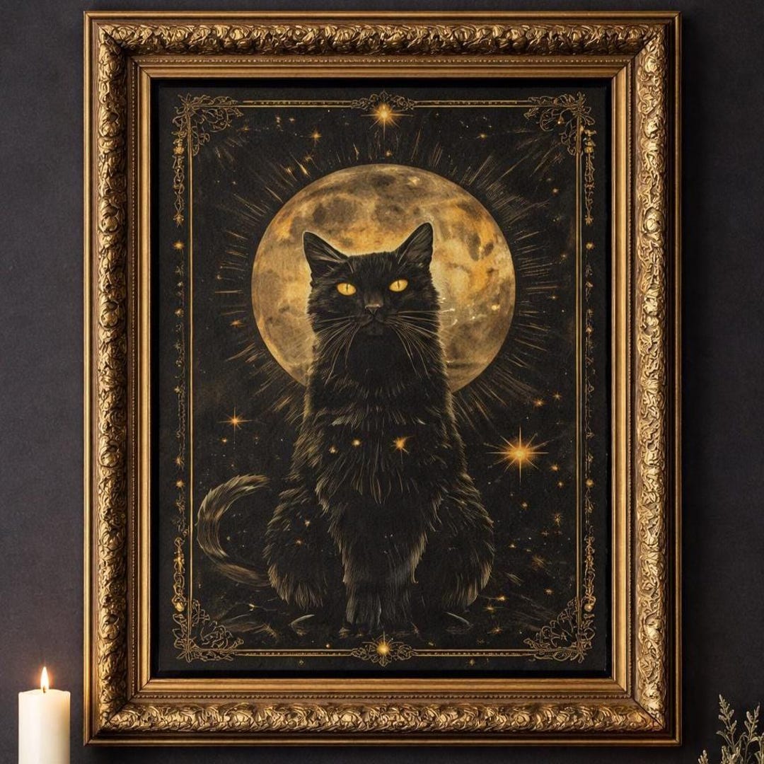 Celestial Black Cat Art Print: Mystical Moon & Stars, Witchy Decor - Etsy