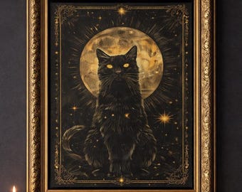 Celestial Black Cat-kunstprint: mystieke maan en sterren, heksend decor
