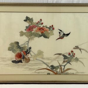 Beautiful Hand Embroidered Asian Silk Panel of Colorful Flowers, Duck and Bird