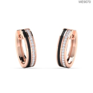 18K Solid Gold & Natural Diamonds Hoop Huggies Earring with Enamel, Small Diamond Huggy Earrings, Cute Hoop Huggies Earrings for Women