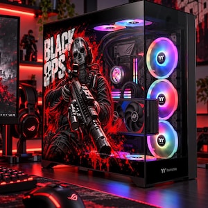 Może przedstawiać: Obudowa komputera gamingowego z grafiką Black Ops przedstawiającą żołnierza w masce czaszki trzymającego karabin. Obudowa posiada szklany panel boczny, wewnętrzne komponenty z podświetleniem RGB oraz trzy podświetlane okrągłe wentylatory z przodu.