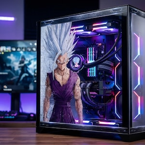 May include: A custom PC case with a glass panel, displaying internal components lit by blue, purple, and red LEDs. The case features a graphic of a character with white hair and a purple outfit. A monitor and keyboard are visible in the background.
