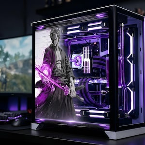 May include: A desktop computer tower with a glass side panel featuring a graphic of an anime character holding a sword. The interior is illuminated with purple LED lighting, showcasing a liquid cooling system with purple tubing and black components.