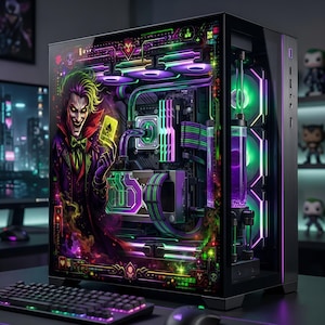 May include: A custom-built computer case with a Joker-themed design. The case features a vibrant illustration of the Joker holding a playing card, with green, purple, and yellow lighting. The internal components are visible through a glass panel.