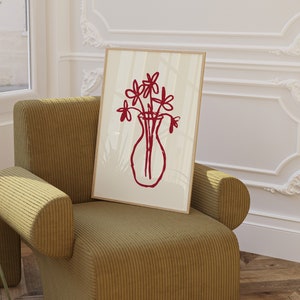 Jarrón de flores dibujado a mano, impresión de arte digital, cartel grande rojo y crema de mantequilla, arte moderno de la pared, flores minimalistas