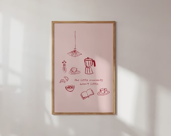 Hand Drawn Little Coffee Moments Print, Digital Art Print, Large Poster Pink and Red, Modern Feminine Wall Art, Minimalist Food Drawings