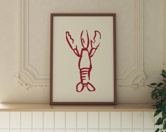 May include: A framed print of a red lobster illustration on a white background.