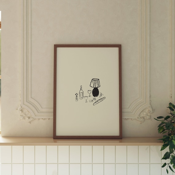 Hand Drawn Wine Night Print, Digital Art Print, Large Poster Cream and Black, Modern Wall Art, Minimalist Food Drawings