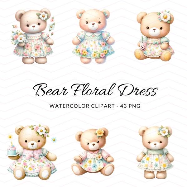 Watercolor Cherished Bear in Blossom Dresses - Watercolor Bear Clipart Set - Digital Download for Crafting, Cute Bear Clipart Flower Dressed