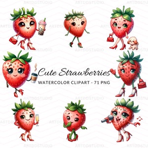 Watercolor Playful Strawberry Characters Clipart - Watercolor Berry PNGs, Cute Fruit Illustrations, Cute Strawberry, Commercial License