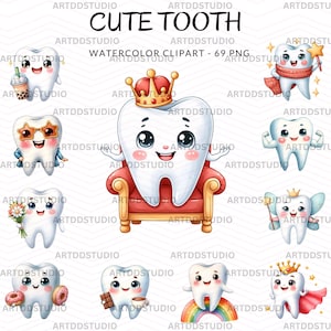 Clipart adorable dent - collection PNG aquarelle dent mignonne, dentiste, soins de santé, téléchargement immédiat, usage commercial,