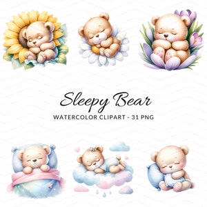 Clipart de aquarela de urso sonolento - adorável urso de bebê e PNGs florais para artesanato, clipart de chá de bebê, download digital de berçário, uso comercial