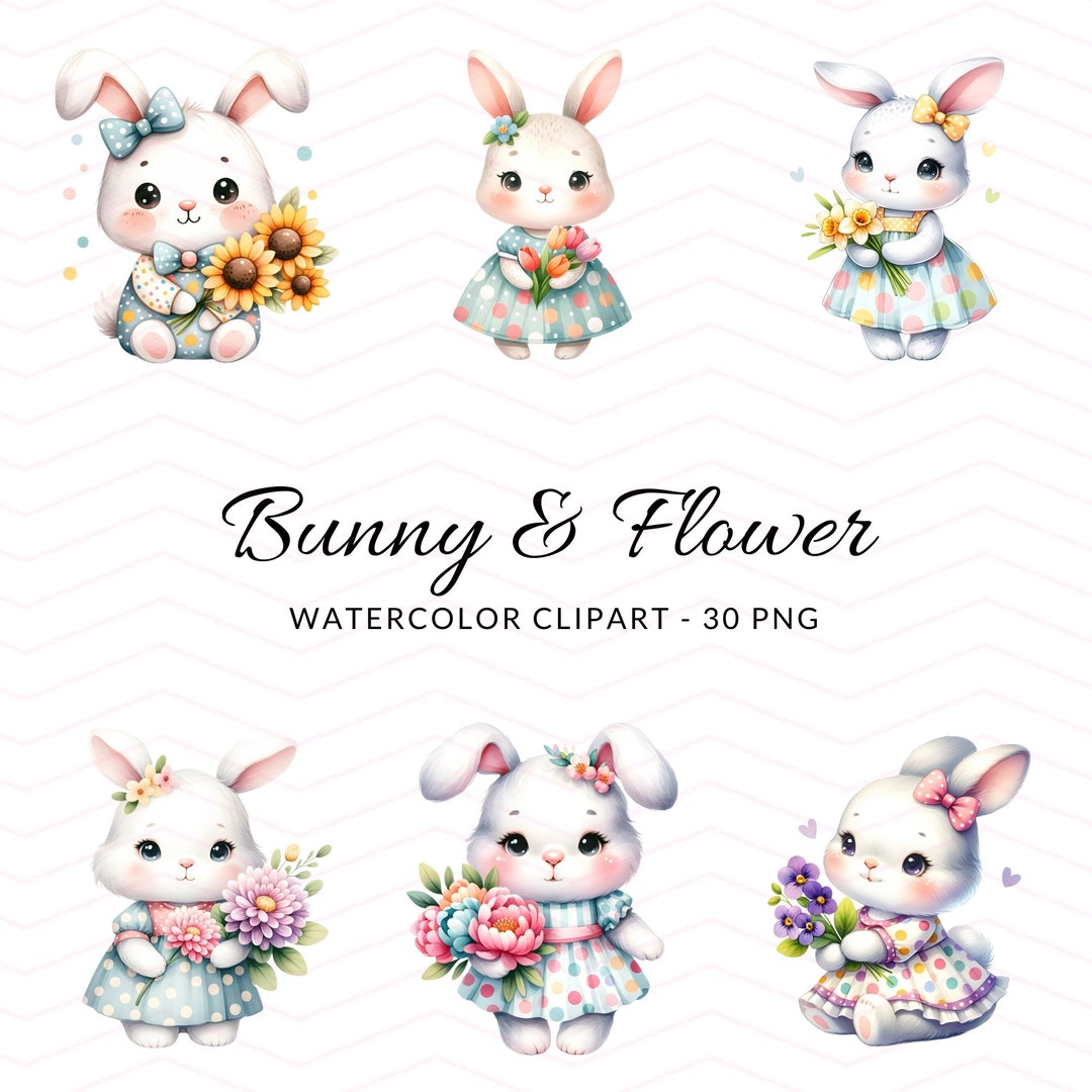 Bunny Watercolor Clipart: Spring Floral Rabbit Illustrations (30 PNG ...