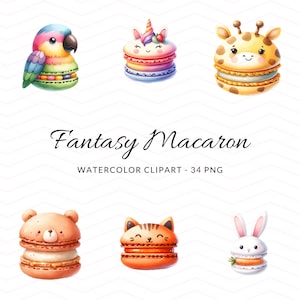 Adorable Animal Macaron Clipart - Cute Watercolor Macarons PNGs, Instant Download, Commercial Use, Kids Party Decor, Craft Supplies