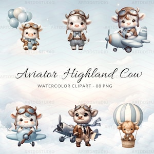 Aviator Highland Cow Acuarela Clipart - Pilot Highland Cow & Airplane PNG, Decoración de guardería para niños, Helicóptero, Globo aerostático, Uso comercial