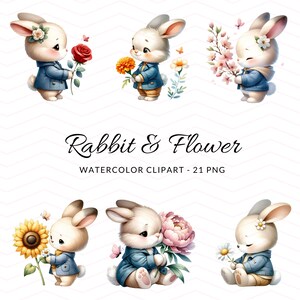 Charming Cute Rabbit Watercolor Clipart, Watercolor Bunny Clipart Collection, Floral Bunny PNG, Floral Clipart, Mother&#39;s Day, Commercial Use
