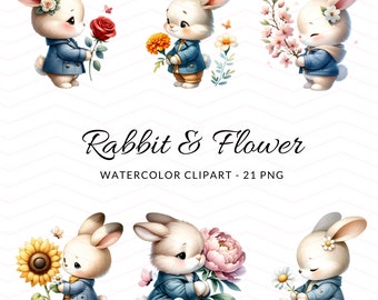 Watercolor Bunny Clipart: Floral Rabbit PNG Collection (Digital Download)
