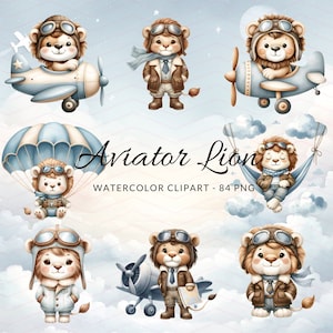 Clipart aquarelle Lion aviateur - PNG pilote Lion et avions, décoration de chambre d'enfants, avion, hélicoptère, montgolfière, usage Commercial