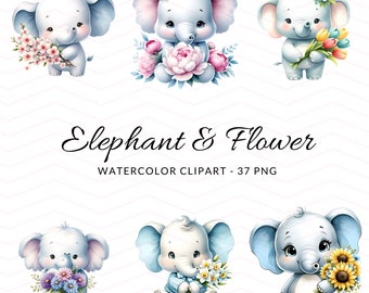 Floral Elephant Clipart Collection - Watercolor Baby Elephants with Flowers PNG, Digital Download for Nursery, Baby Shower, and Crafts