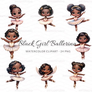 Aquarelle gracieuse fille noire ballerine Clipart, jolie fille noire de ballet Images PNG pour faire-part et décoration usage commercial, téléchargement immédiat