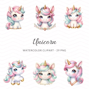 Enchanted Unicorn Watercolor Clipart Collection - Pastel Watercolor PNGs for Digital Download, Commercial Use, Kids Crafts, Cute Unicorns