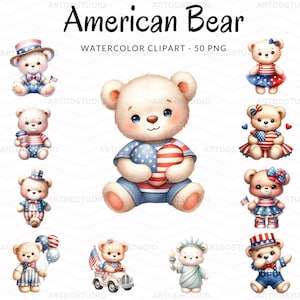 Ours patriote américain - aquarelle numérique ours mignon Clipart Collection, 4 juillet, Etats-Unis, drapeau américain, 50 fichiers PNG pour travaux manuels et conception