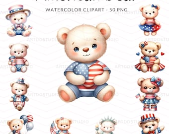 American Patriot Bears - Digital Watercolor Cute Bear Clipart Collection, 4th July, USA, American Flag, 50 PNG Files for Crafts and Design